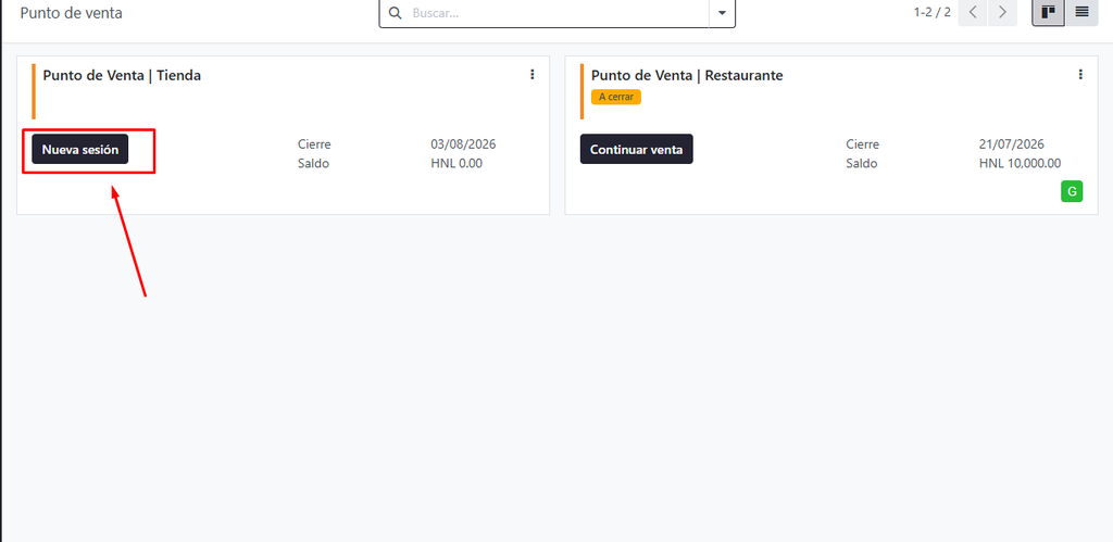 Paso 2 - Crear nueva sesión - Cómo abrir caja en el punto de venta
